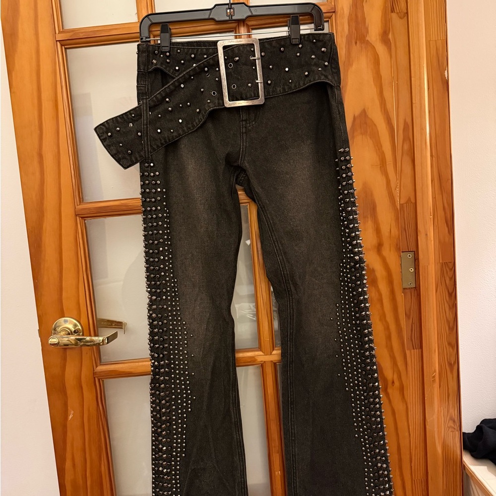 Jaded London Black Studded Flared Jeans with Belt - Picture 1 of 7